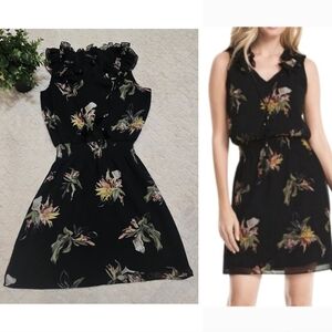 White House Black Market Black Floral Blouson Ruffle Tassel Sleeveless Dress, 0